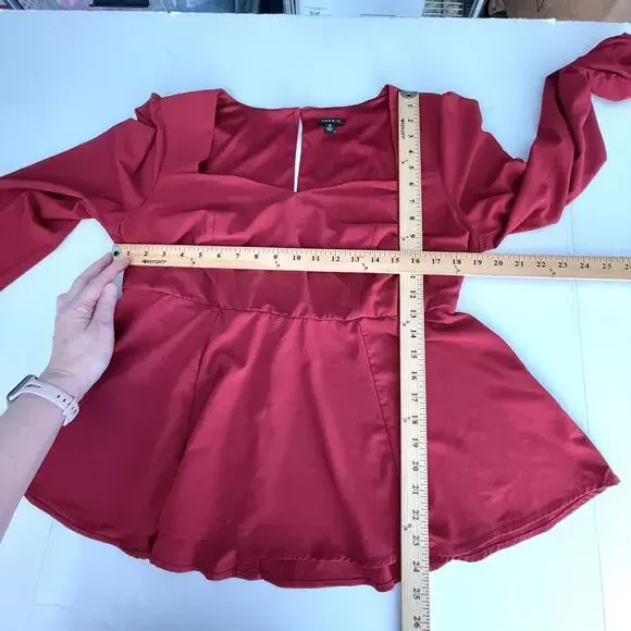 Torrid Womens Crepe Long Sleeve Peplum Blouse Tunic Top Sz 0 US 12 L Biking Red - Picture 9 of 12